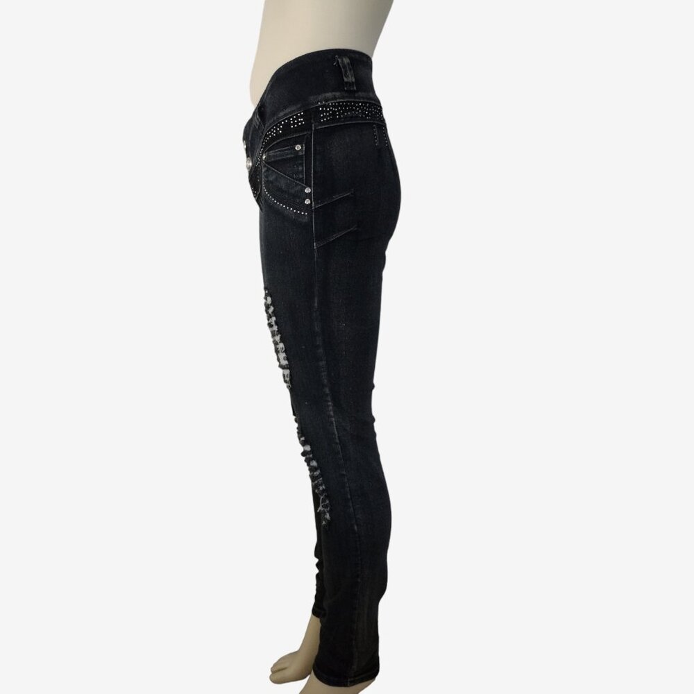 Vintage 2000s Low Rise Stretch Denim Distressed Jeweled Skinny Jeans - Picture 6 of 12